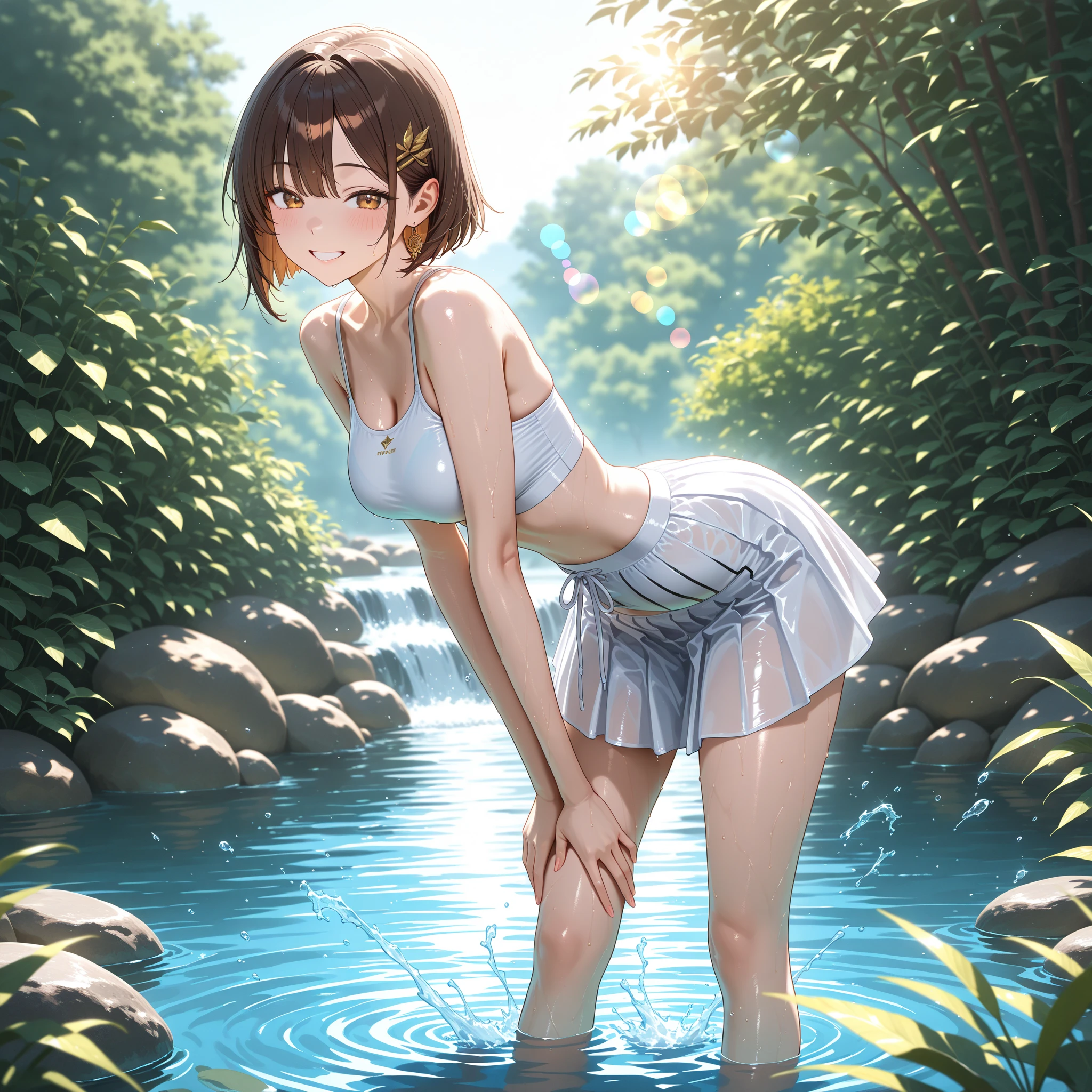 ((best quality)), (Masterpiece, highres), NSFW, 1girl, pale pink skin, rose gold skin, small breasts, tiny breasts, 1girl, dynamic poses, red hair, white hair, blonde hair, dark hair, ponytail, thick ponytail, blush, very skinny, detailed, best quality, no accesoires around the neck, no shoes, prominent collarbones, skinny arms, flat stomach, visible hip bones, small breasts, NSFW, Very dramatic and cinematic lighting, side-lighting, perfect face, NSFW, Fluttering lace flared frilly petticoats, pleated petticoats, petticoats, NSFW outback, tropical temple, jungle, toned, trees in the background, sweat, depth of field, saturated, clean, detailed, hyperdetailed, Intricate, detailed skin, skin pores, ultra quality, white hair, red eyes eyes, pink skin, swimming in tropical jungle river, stretching, bathing, morning light, thin hairless tail