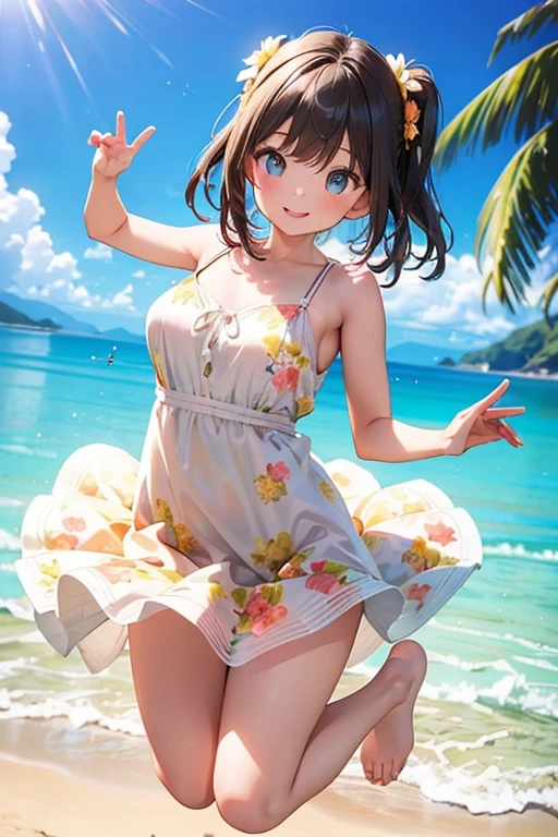 Highest quality、High resolution、Detailed Background、(Beautiful face in every detail:1.4)、Anatomically correct、(Normal number of fingers:1.2)、Highly detailed face、Detailed eyes、Teenage beauty、(Huge breasts:1.2)、Perfect body line、Light color hair、Bobcut、ponytail、Twin tails、Wavy Hairstyle、crystal clear blue sea stretching out on the white sand beach、swaying gracefully under palm trees、relaxing resort space、
(take a non-alcoholic cocktail in hand while being blown by the sea breeze、women relaxing leisurely:1.5)、
Friends in swimsuits、they jump into the sea with joy、a sense of liberation from stress、enveloped in the pleasant sea breeze and sunshine、enjoying blissful moments、
Off-the-shoulder one-piece swimsuit、The open shoulder design is cute and mature、The flared skirt creates a feminine silhouette、Plain and striped patterns are simple and easy to coordinate、very beautiful