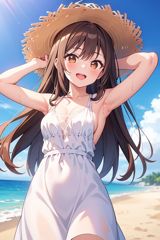 1girll, Solo, (Be red in the face:1.3), strawhat, yellow flower on hat, brown hair, brown eyes, white jacket on shouder, bikini, beach,