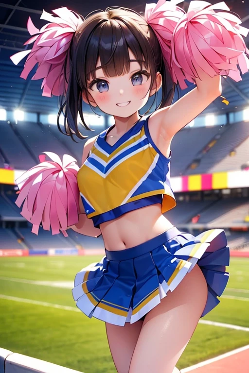 ((highest quality)), ((masterpiece)), (be familiar with), perfect face、5th grade elementary school student、Cheerleader、raise one leg high、I can see the anus、Surprised audience、shining smile