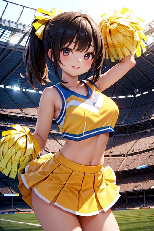 very cute and beautiful cheerleader girl,(very detailed beautiful face and eyes:1.2),(holding a pom pom:1.2),(Laugh), (Stadium Stand),Cowboy Shot,Dynamic Pose,zettai ryouiki,(orange sleeveless shirt),Beautiful legs,White panties,Dynamic Angle,Black hair, (Best Quality,masutepiece:1.2),Intricate details,Extremely detailed,Ultra-detailed,hight resolution,Looking at Viewer, Natural lighting,Hair fluttering in the wind,Beautiful detailed sky,