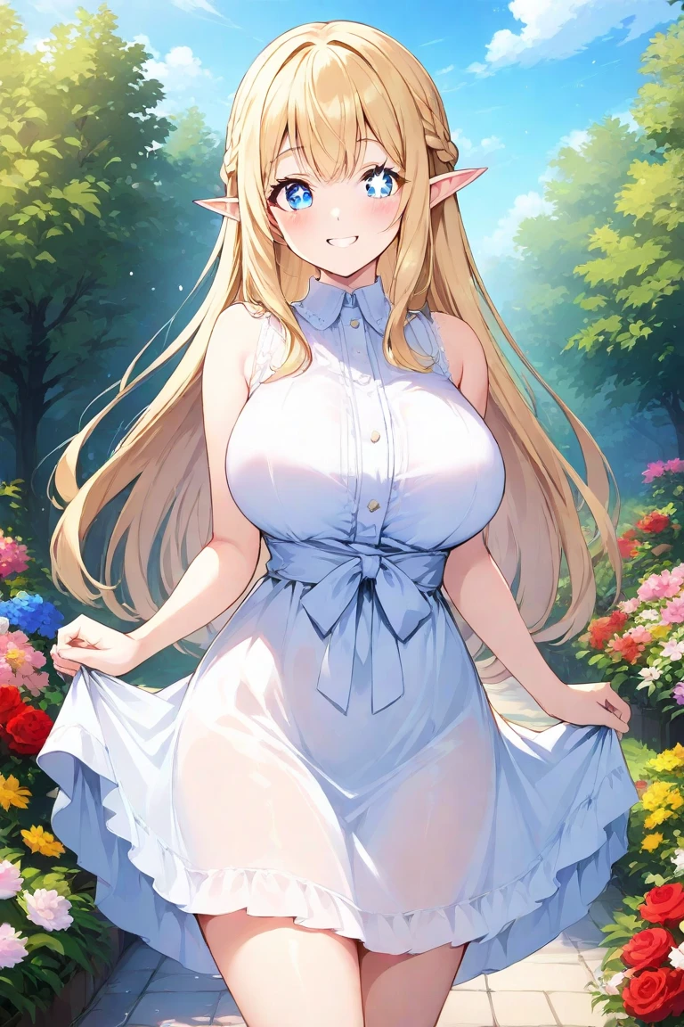 princesa zelda, zelda cieloward sword, pelo rubio, blue eyes, pelo largo, orejas puntiagudas, cerraduras laterales, duende, golpes, blunt golpes, cintas, hair cintas, sonrisa,
ROMPER belt, capa, vestido, mangas largas, (pink vestido:1.2), (white capa:1.2),
ROMPER outdoors, naturaleza, bosque, trees, grass, sol, cielo, nubes,
ROMPER looking at viewer,
ROMPER (Obra maestra:1.2), mejor calidad, high resolution, fondo de pantalla de unidad 8k, (illustration:0.8), (hermosos ojos detallados:1.6), cara extremadamente detallada, Perfect lighting, CG extremadamente detallado, (manos perfectas, perfect anatomy), escote profundo, pechos grandes, NSFW, pink lingerie