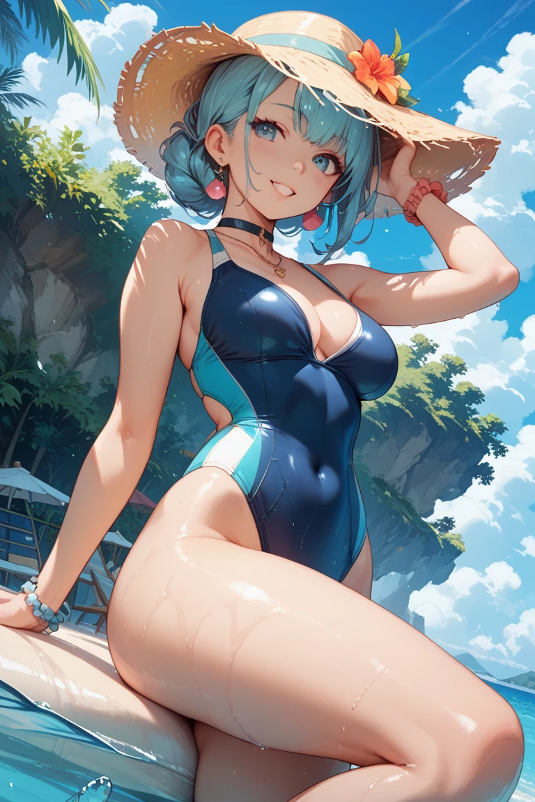 (Absurdres, best high quality, best detailed with gigh quality and very detailed features and textures alone solo character)
{{(20 years old cobalt-blue-blue haired elf girl: (pale skin, hair tied in two pigtails, heterochromatic eyes, very thin lips, nice body, big breasts, beautiful arms, beautiful legs, big butt, happy face, open smile, lovely, cheerful and adventurer, feminine, running happy), (yellow and light-green one-piece swimsuit), (summer day and green garden)}}
