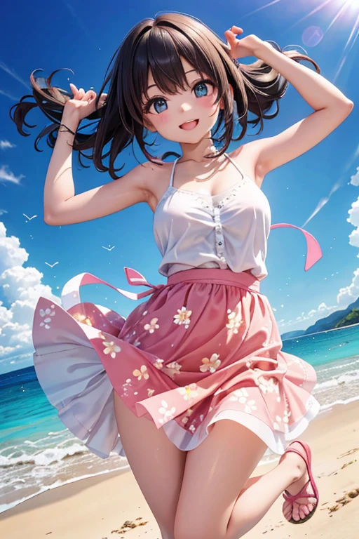 very cute and beautiful girl,(highly detailed beautiful face),pink camisole,cute ruffle petticoat,
(smile),happy,looking at viewer,black hair,cowboy shot,detailed legs,beach,tropical resort,
(best quality,masterpiece),absurdres,highres,ultra-detailed,extremely detailed,32k,8k resolution,
intricate details,cinematic scene,detailed background,solo,dynamic angle,
natural lighting,hair fluttering in the wind,beautiful detailed sky,