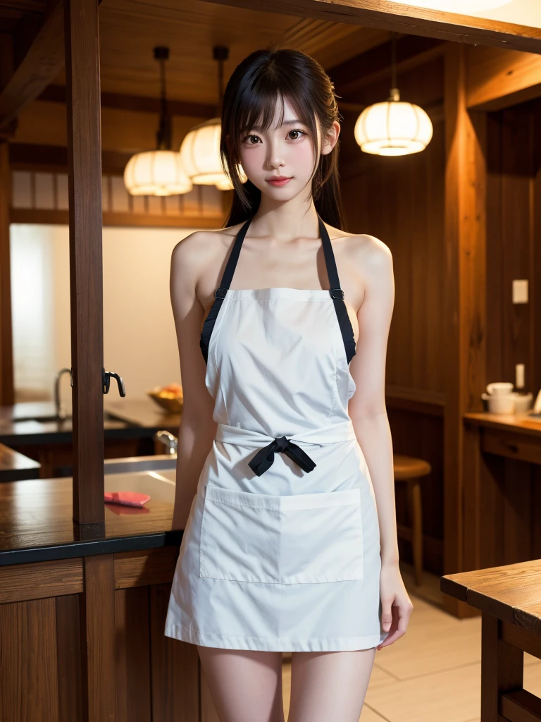 Young Japanese women, chef, hiar tied into a messy bun, sad eyes, tight messy clothes, no bra under her shirt, exhausted