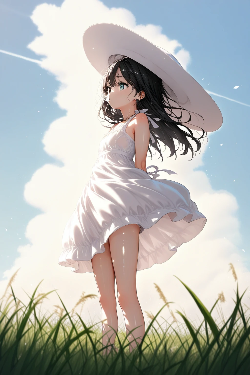 A girl wearing a straw hat and a white dress standing in summer