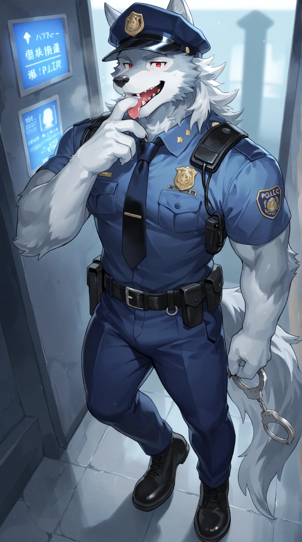 polar bone, police, muscular, blue eyes, blushing, Sexil