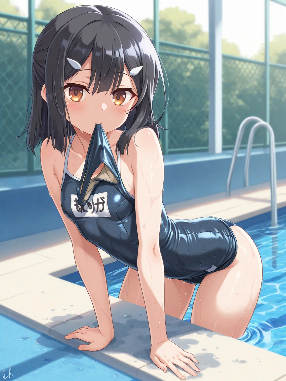 best quality, very aesthetic, Super detailed, best illustration, nsfｗ, pussy focus, 1girl, おっぱい, aroused, black_hair, school swim suit