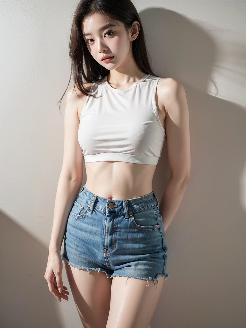 Girl in white bra and tight denim skirt posing for photo, full body, legs spread, cut t-shirt, bra, slim body, small bust, slim girl model, 24 year old female model, sea on background