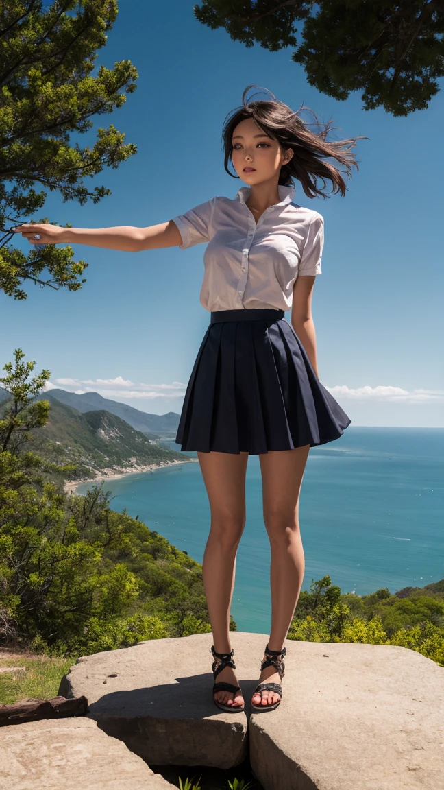 She stands on a cliff, her summer-colored skirt fluttering in the wind.
