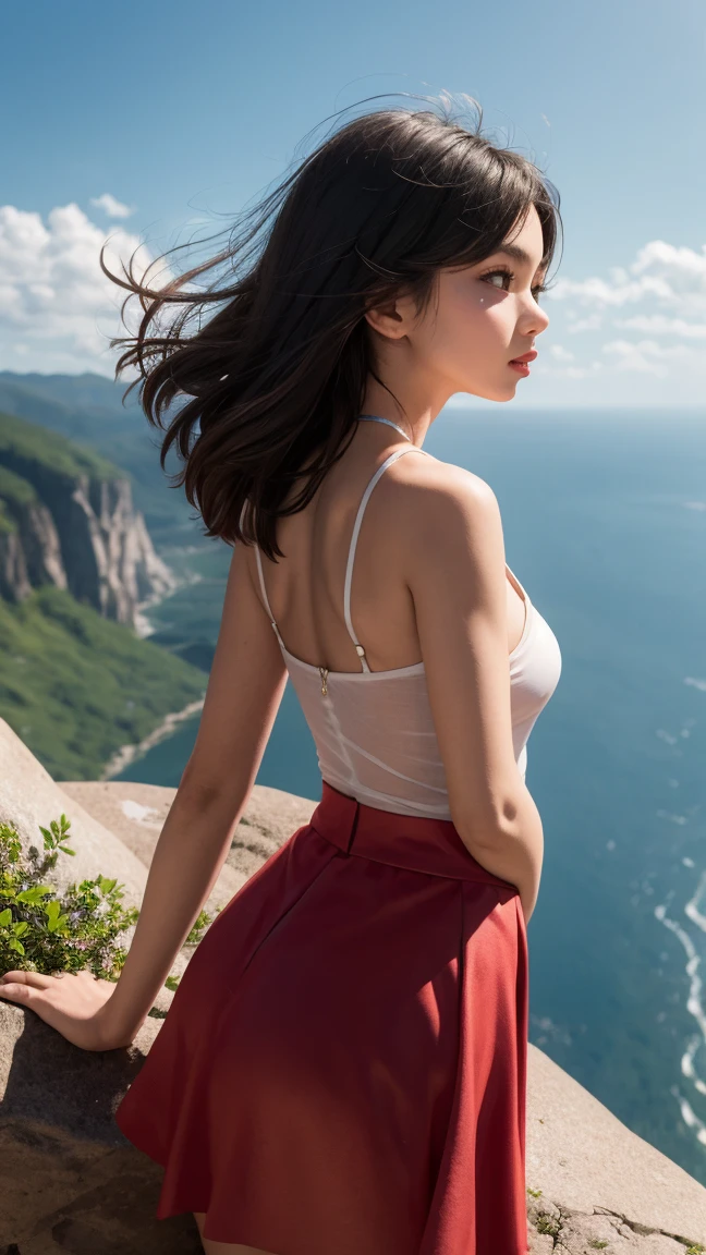 She stands on a cliff, her summer-colored skirt fluttering in the wind.