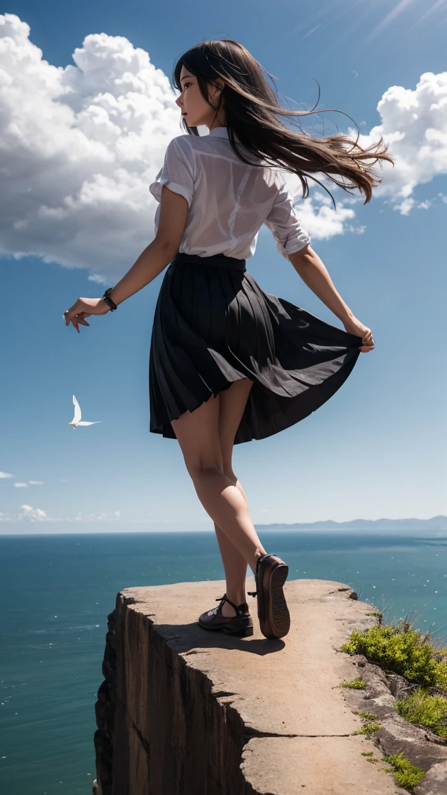 She stands on a cliff, her summer-colored skirt fluttering in the wind.