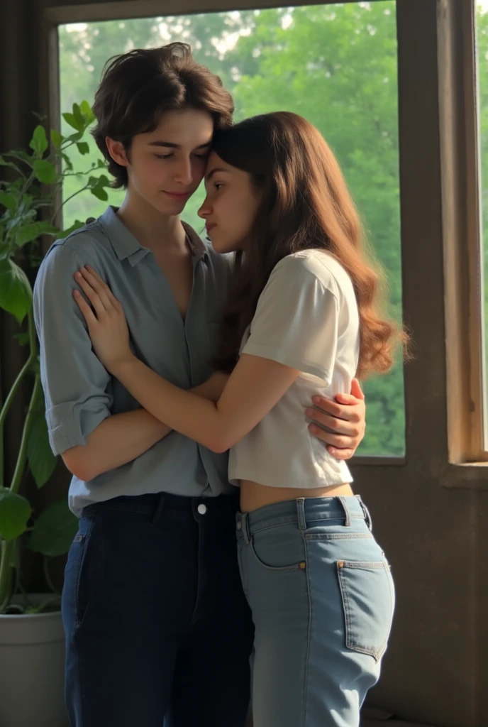 a 16 year old boy and a 16 year old girl, short hair, black color, Very curly, ribbon on the neck, Skinny body, small bust, Nude, hugged, lying down, the one above her, kissing, open legs, two hands, shows her legs, sitting on a hill at night, very starry sky, few trees, flowers illuminating, she very pretty.