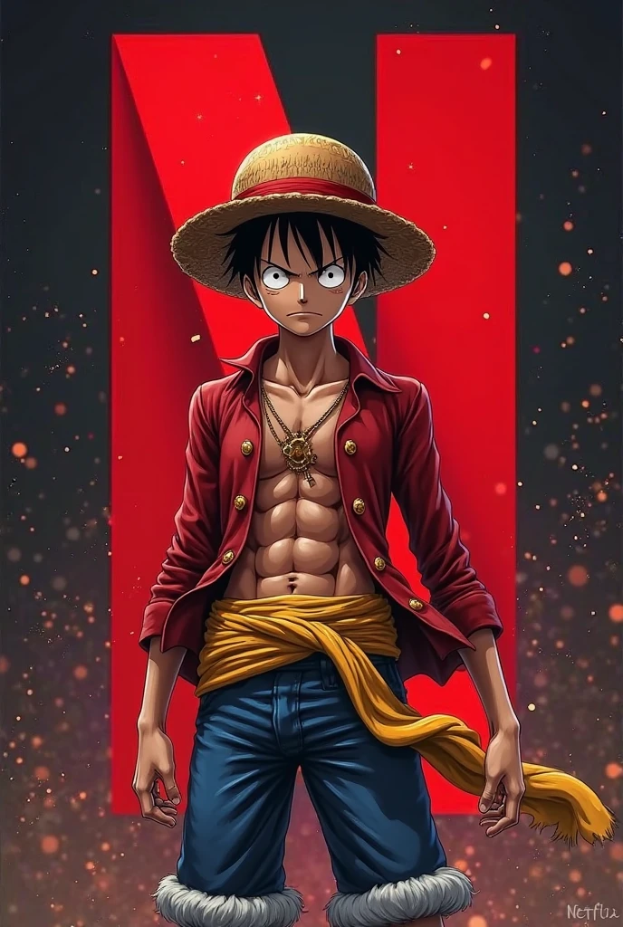 Monkey D. Luffy, un personnage d'anime puissant, avec une expression déterminée, se tient au milieu d'un tourbillon d'encre noire et de lumière dorée. Ses muscles sont tendus, ses yeux brûlent d'intensité et son chapeau de paille emblématique est perché sur sa tête. Il est entouré d'une aura puissante, témoignage de sa force et de sa détermination. Style anime, Inspiré par One Piece style d'Eiichiro Oda, Éclairage dramatique, couleurs vives, composition dynamique, arrière-plan texturé, contraste élevé, concentration sur le personnage, détails nets.