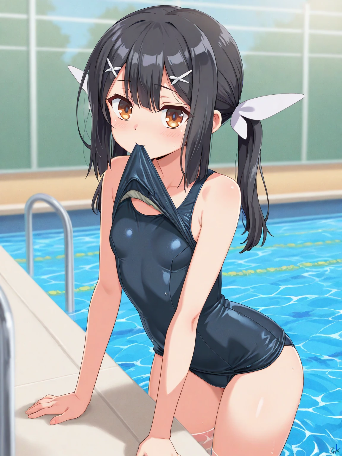(masterpiece)1.2, ultra high res, 4K, best quality, ultra detailed, (highly detailed beautiful eyes)1.3, 1girl, 10 years old, cute, small breasts, looking away, (black hair, ponytail, brown eyes, nose blush, smile)1.2, full body, (school swimsuit)1.4, (looking back, ass focus)1.3, pool side,stick out your butt