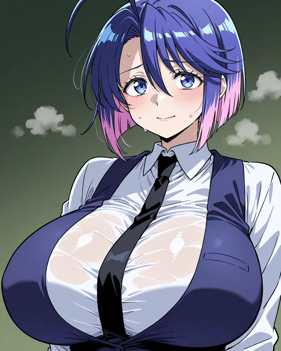 Ultra-detailed illustrations、Ultra-precise expression、masterpiece、Highest quality、ultra High resolution、High resolution、Hiromitsu Takeda Style、White background、Simple Background、One girl、solo、Mash Kyrielight、light purple hair,short hair,hair over one eyes、No sleeve, White collar、Red tie、Purple eyes、Vulgar expression、smile、Open your mouth、blush、Large Breasts、Big Breasts、Erect nipples、Choker of Hearts、White Breath、Sweat、Glowing Skin、shiny skin、Front angle、View your viewers、