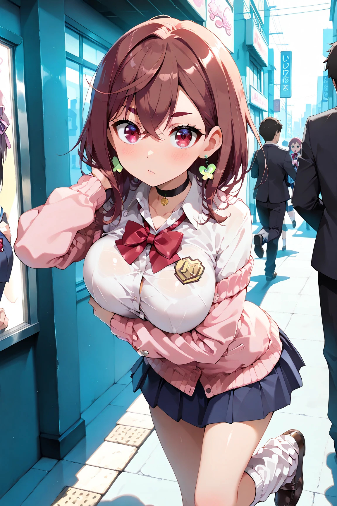 One Girl, alone, Virtual YouTuber, suzuhara lulu, skirt, Brown Hair, Striped skirt, hair ornaments, have, Open your mouth, Urban Background, Crowd of people background, blue eyes, Show Viewer, shirt, x hair ornaments, beret, Manicure, smile, blush, pink cardigan, heart, vertical-Striped skirt, brooch, vertical stripes, Blue Claws, white shirt, black skirt, cardigan, Black Hat, Long sleeve, chest, :d, bangs, Medium Hair, hair 弓, black 弓, pointing, Point your finger up, Bow tie, Hair Clip, medium chest, Striped Bow, From above,whole body,Standing on one leg,Naked Pussy, tits, Bare nipples, Naked Pussy, tits, Bare nipples, Naked Pussy, tits, Bare nipples, Naked Pussy, tits, Bare nipples, Naked Pussy, tits, Bare nipples, Naked Pussy, tits, Bare nipples,Bright red gloves,belly button,Spread legs, spread legs, spread legs, spread legs, spread legs, spread legs, spread legs, spread legs