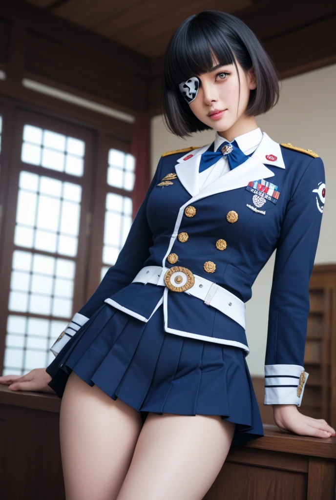 Top Quality, Masterpiece, Super High Resolution, (Photorealistic:1.4), Highly Detailed, Professional Lighting Smile, Masterpiece, Top Quality, (Low Angle), Low Angle, Taken from Floor, ((Super Detailed Face, Detailed Lips, Squinting, Double Eyelid), ((One Girl)), Top,(Japanese_girl_woman:1.1), (Japanese_girl_woman:1.1) Japanese Woman, Blue headwear, Blue jacket, Blue skirt, Hat, Jacket, Military, Military hat, Military uniform, Legs spread wide, Cunt full of love juice, White fluid running from cunt, (Attractive Japanese Woman_Photos), Embarrassed expression, Blushing, Ah face, Mouth maximum wide open, ecstasy, tongue sticking out, sexual expression, legs spread wide,1 dildo, underwear, (((( dildo under panties)))), dildo under clothes, (((( dildo in pussy)))), very much pubic hair, pubic hair is black, ((crotch open)), ((1 person))), very detailed, octane rendering, legs open, crouching