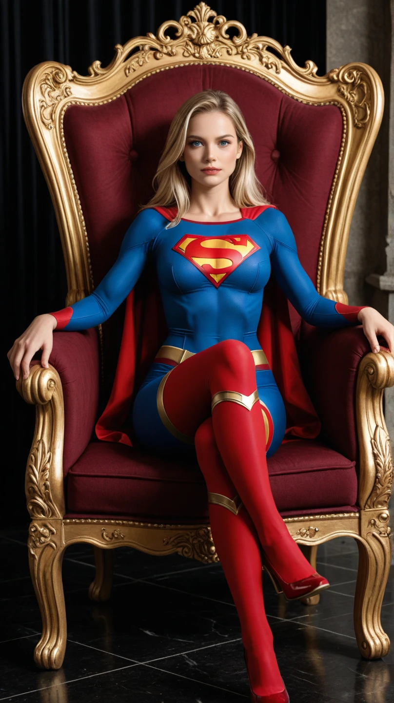 supergirl, full blue body suit, long blonde hair, red elbow gloves, red gauntlets, black tights, red boots, red skirt, gold belt, really long red cape, sitting on a wooden chair, looking straight, full image from head and legs, realistic, bdsm, bondage, bound, arms bound to arm rest, legs bound to chair leg