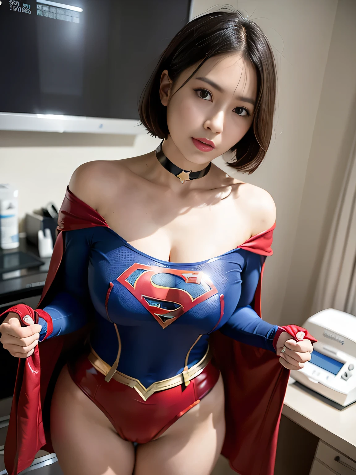 Masterpiece、Supergirl Costume、short hair、barefoot、Big and ample breasts、Hospital room、operating table、Panting、Shabby、Shiny、Looking at the camera、Seduce、choker、Long sleeve、Red mini skirt、Alluring、Off the shoulder、Functional、