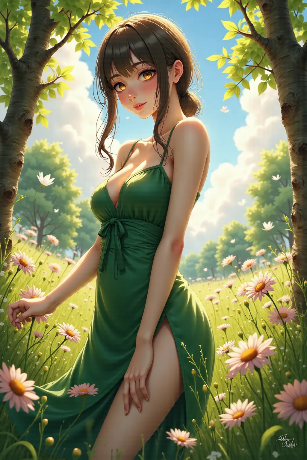 1girl, full body, summer, village, trees, sun, clouds, ((colorful hair)), long hair, curly hair, ponytail, large breasts, sleeveless green dress, cleavage 1:3, brown eyes, smile, looking at the viewer, touching neck, standng, hair ribbon, golden necklate