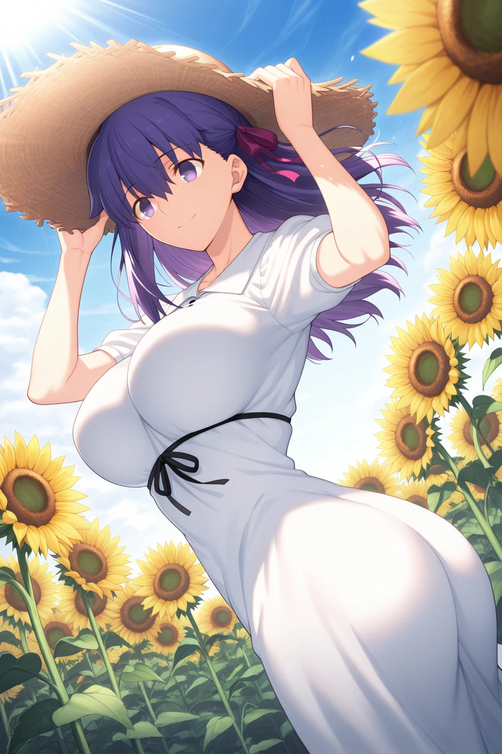 There is a girl standing in a field of flowers looking up at the sky, a girl standing in a field of flowers, a girl walking in a field of flowers, lost in a dream wonderland, standing in a field of flowers, fantastic digital painting, the sky is clearing little by little, the starry sky gradually recedes Senran Kagura yumi 8K, Best Quality, (photorealistic:1.4), raw photo, (curved body), (curved thighs), (huge breasts, perky breasts:1.4),