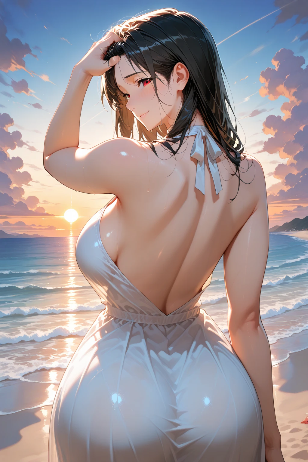 Lina:1.4, Kingdom Style, 1girl, standing, lanscape, sea background, day time, god rays, raining, white dress, see-through, eyes opne, uncensored, masterpiece, arms up, looking at viewer, majestic, manhwa panel, detailed face <lora:KingdomStyle_v3.2:0.8>