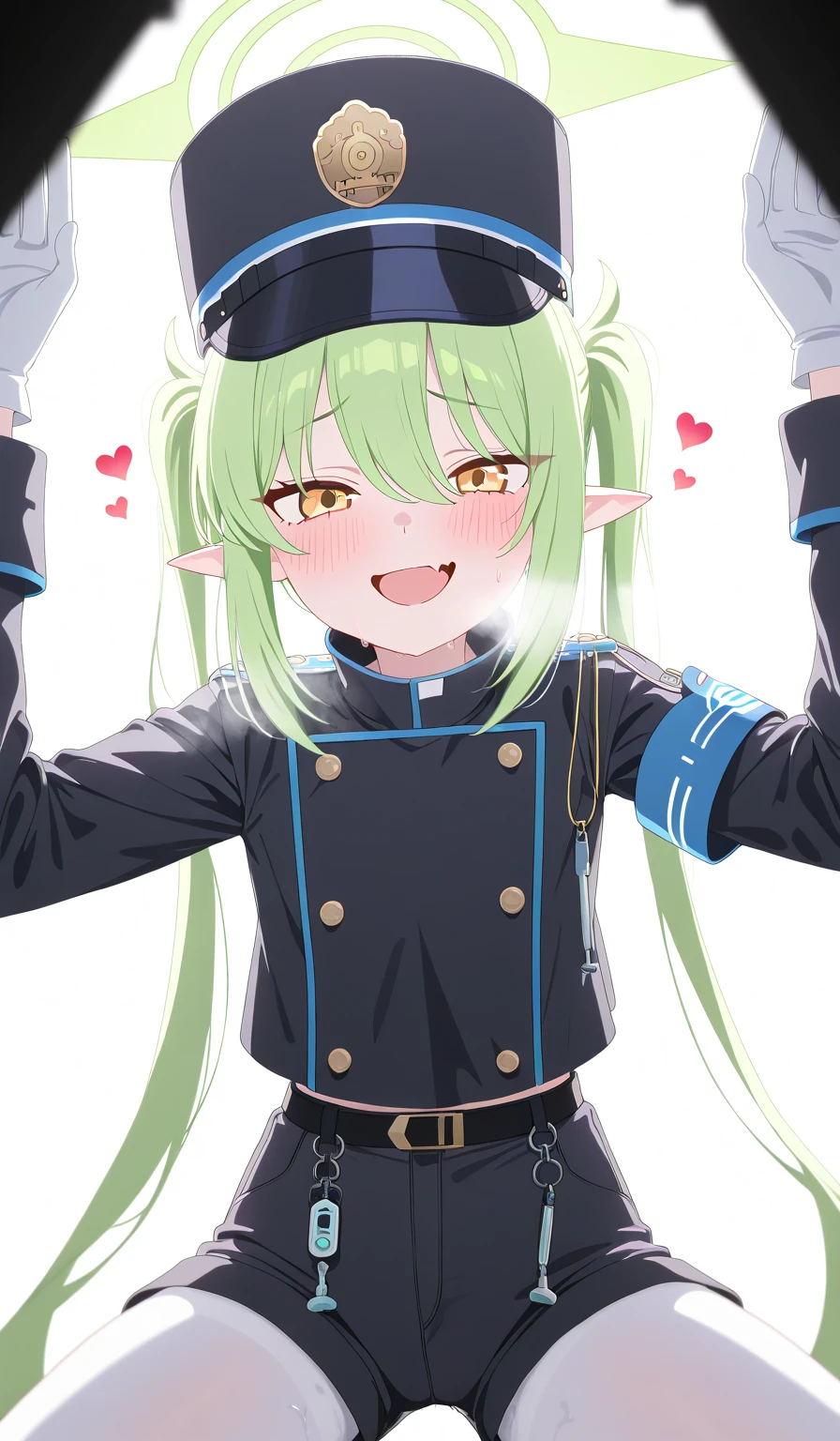 anime screencap,dark room,high resolution images , masterpiece, Best Quality, great quality, absurdres,ultra detailed,8K, volumetric lighting, depth of field, 1girl,       nozomi \(blue archive\), blue archive, flat chest,black hat, black shirt, black shorts, blush, cowboy shot, fang, from below, gloves, green halo, hat, heart, long sleeves, looking at viewer, open mouth, pantyhose, peaked cap, shirt, shorts, simple background, skin fang, smile, solo, white background, white gloves, white pantyhose,  pull down shorts,                  amazon position,sex,pov,White steam, white breath, 