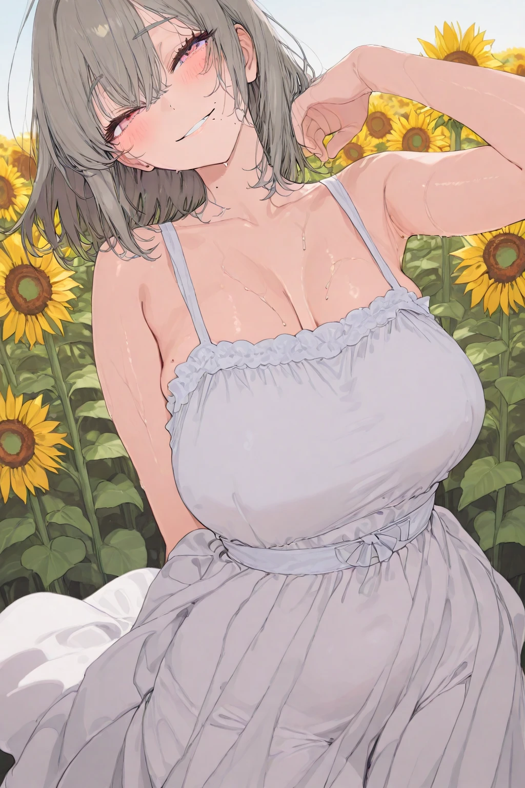 sunny、summer、Sunflower field、White dress、No bra、Large Breasts、shame、Burning cheeks、Embarrassed、Young face、Brown nipples、pubic hair、after the rain、Stained and clingy clothes