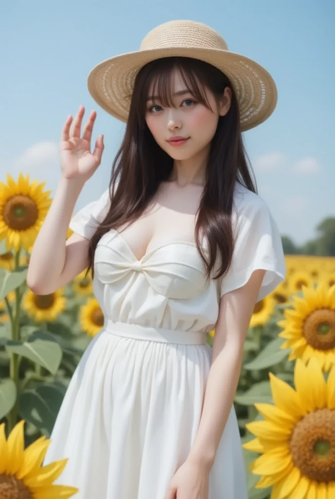 (Highly detailed CG Unity 16k wallpaper:1.1), (Denoising strength: 1.45), (T-Mastepiece:1.37), ((In the sunflower field，straw hat girl ackligh)，(White lace dress),(Best Illumination, Best Shadow, extremely delicate and beautiful), Girl on the central axis of the photo, Small breasts, ((Sunflowers with ultimate details)), Beautiful detailed sky, extremely delicate and beautiful女の子, Sunflower fields at strong summer sunlight、beautiful detailed cloud, (((the Extremely Detailed CG Unity 8K Wallpapers))), Ultra-, god rays, spark of light, Glowing light, (((​masterpiece))), (((Full body photo，Standing)))， (One beautiful Japan girl, Innocence，kawaii) ，超A high resolution, Realistic, ultra-detailliert, 8K,top-quality, Extremely detailed, Detailed background,A slender,very beautiful japanese girl, Detailed face:1.3), (hair tied up in a bun，A dark-haired :1.4), (a baby face，kawaii系,adorable 10 year old girl), (Perfect body:1.1),  cute and innocent smile,Show your beautiful teeth，sexy  pose，rosy cheeks，Super Detailed Face、Detailed lips、A detailed eye、small gravure idol，Transparent skin、Lolita，japanese hight school uniform，Photorealistic:1.37，no-makeup，Neutral Lighting，
