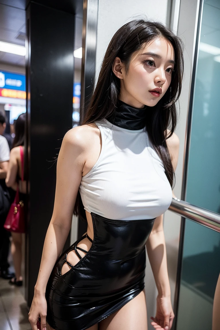8K resolution, masterpiece, Highest quality, Award-winning works, unrealistic, tifa lockhart, 20-year-old, sexy office lady, (black long hair:1.3), beautiful Perfect Face, Soft Skin, Perfect Face, Yasutomo Oka's painting style, 165cm tall, Three sizes are 92/60/88, (black long sleeve uit:1.8), white silk camisole, deep Cleavage, black long slacks, black garter belts, knee high socks, black pumps, details, Splash screen,Sharp eyes, crystal blue eyes, pink lips, BREAK, White Silver, dynamic sexy poses, Sweat, Strong winds, standing alone on station platform, waiting for train coming, Roppongi Japan