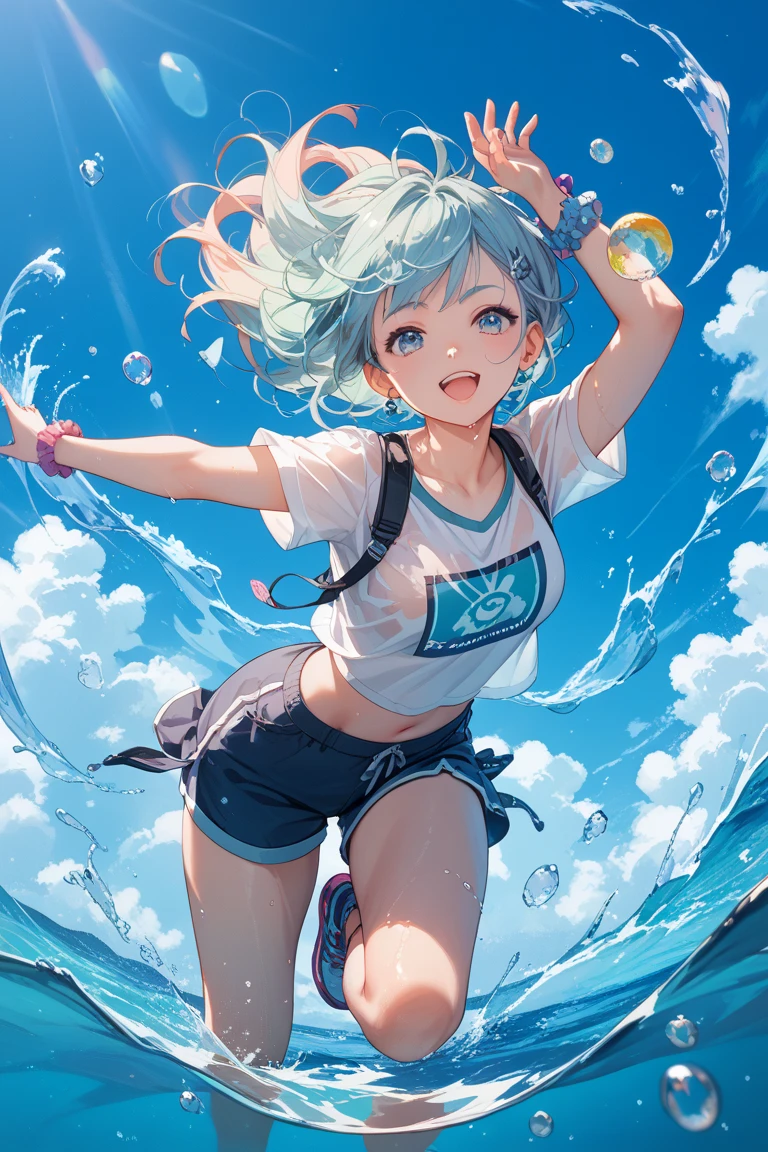 (((Beach))), Sandy Beach, Ocean Blue Sea,island, Tropical, (((Blue pastel hair))), ((Blue T-shirt)), Belly button exposed, morning sky, Anime Girls,(Sexy ass), peace sign,Grinning face, (Big Breasts:1.2),((Upward glance:1.3, Perfect Eyes , レインボーは超detailedなGradient Eyeを輝かせます:1.1, Gradient Eye:1, Beautiful detailed eyes:1, Symmetrical eyes:1, Big Eye Highlights:1.2)), (Open your mouth), teeth, (White skin: 1.5, Sunburned skin, very White skin, Bright body, psychedelic art style, Neon Color Theme, (masterpiece), (Complex), 8k, highest quality, (Visual Strength: 1.5),

(liquid paint hair:1.1) ,(Neon colored hair), ((I drew、Defying Gravity,A thick current),(Paint splashes:1.3), (Shiny Hair: 1.3), (Bright colors), Embarrassing,Centered, Colorful Themes, Splash paint play, Beautiful light, Colorful light particles,High contrast in clothing, Color Splash, Complex detailed,  Exposure Blending, High resolution, more_detailed:0.5,