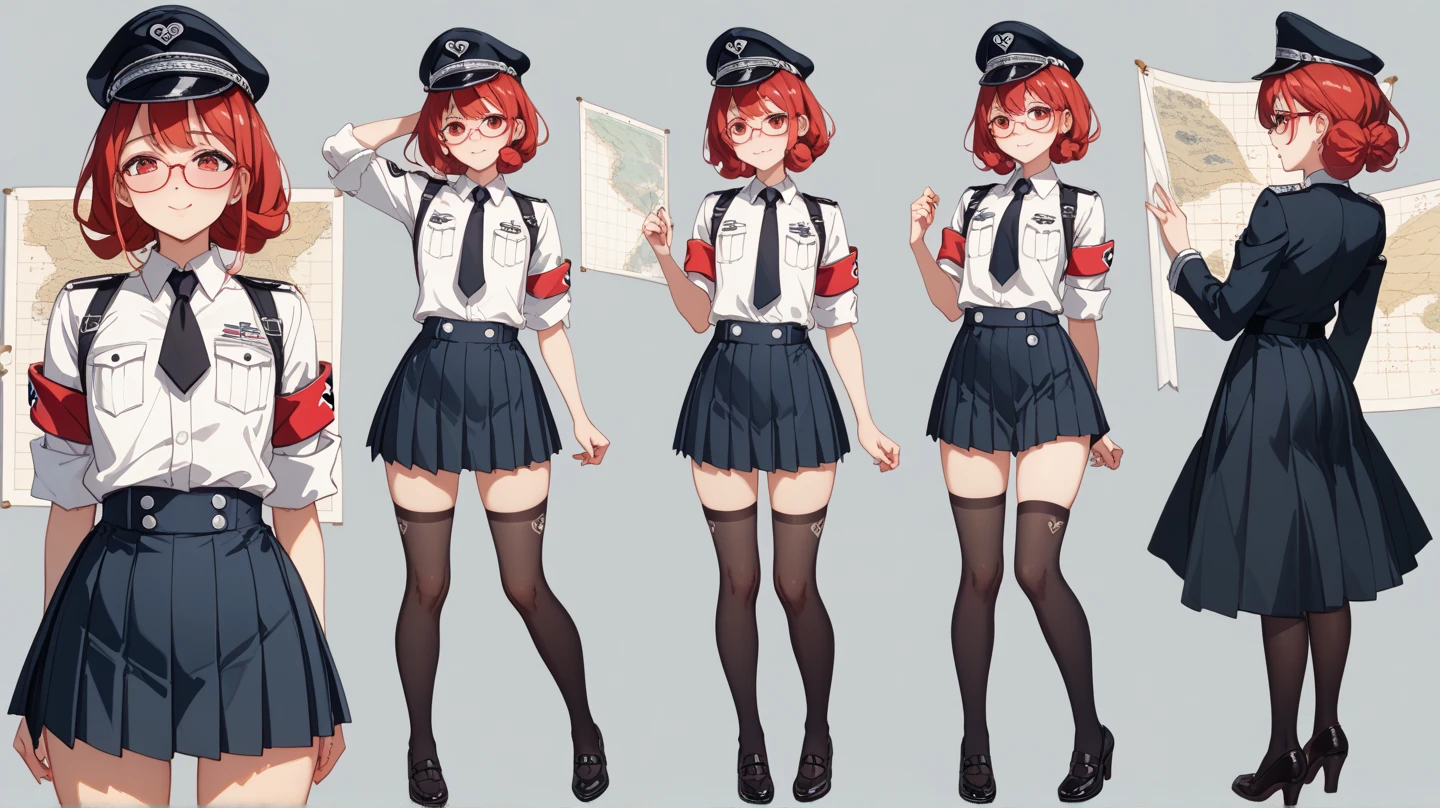 best quality, (masterpiece:1.2), illustration, absurdres,
(1girl, solo), (beautiful detailed girl), full body shot, (turnaround:1.4), multiple views, front view, side view, back view,
Noel Seeker, red hair, blue eyes, small breasts,
green_headwear, green_jacket, grey_undershirt, red_necktie, (red_shorts), black_thighhighs, brown_boots, brown_gloves,