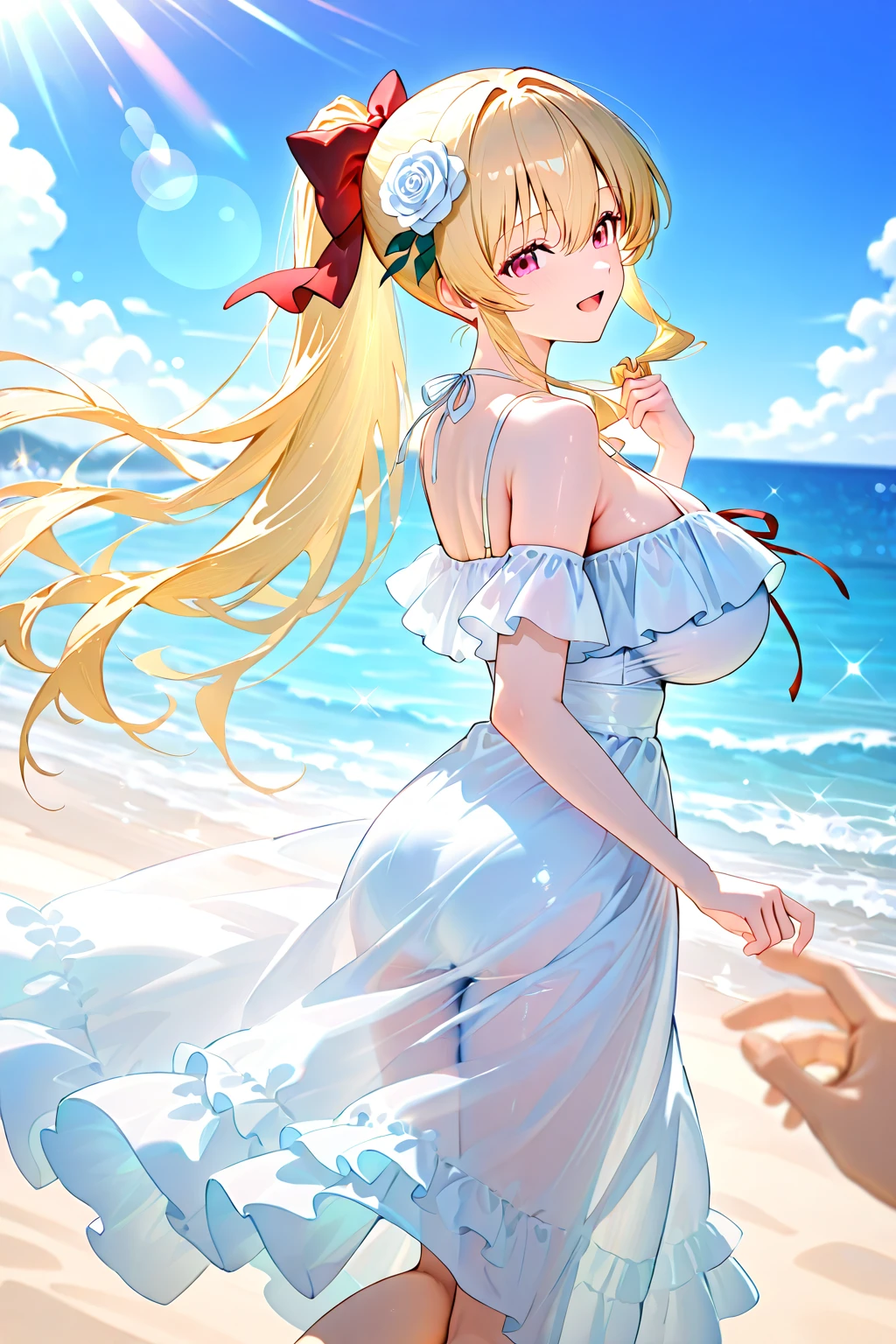 a beautiful chubby woman, a white and dress, on a beautiful beach, long hair in a mess, galanteo, light smile, holding flowers, ultra high definition, realist, bright colors, High detail, uhd drawing, perfect composition, Beautiful detailed complex
