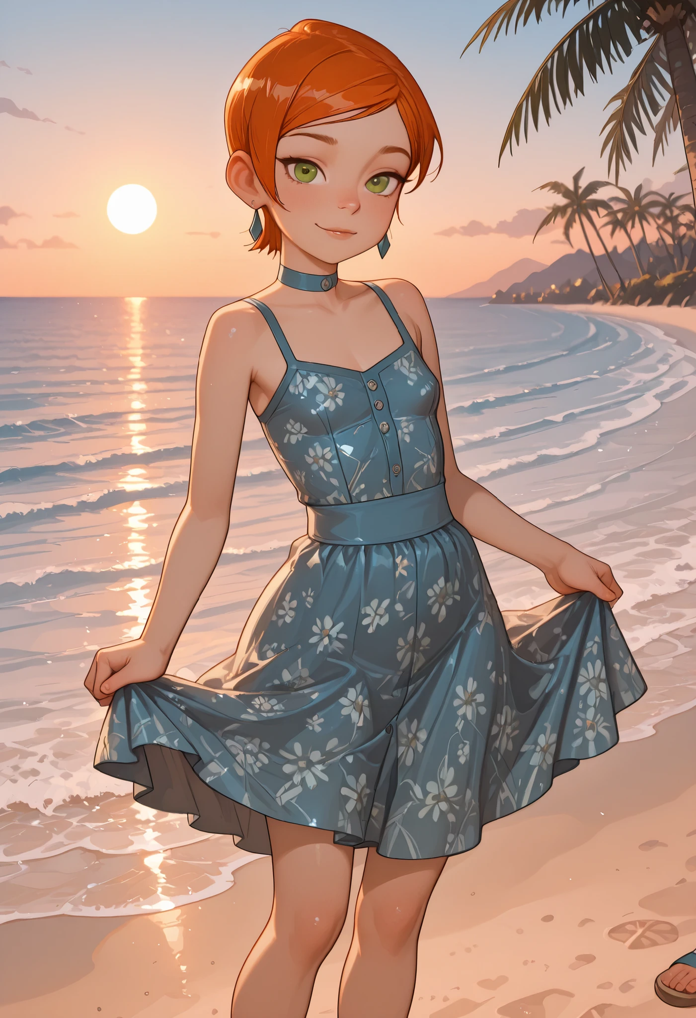 Gwen Tennyson . ginger . short hair . green eyes . flat breasts, flat chest, huge hips . slim body . choker . | masterpiece, best quality, amazing quality, very aesthetic, perfect eyes, crestyle, 1girl, solo,looking_at_viewer , dress, bare_shoulders, standing, full_body, outdoors, sleeveless, water, tree, sleeveless_dress, ocean, beach, sandals, sunset, skirt_hold, sand, palm_tree, sun , standing on a tropical beach at sunset. She is wearing a sleeveless, paisley-patterned dress with a high-low hem, and sandals. The sky is a beautiful mix of, with the sun setting in the background. The woman has a calm, serene expression, and the ocean waves are gently lapping against the shore. The art style is realistic with a touch of fantasy.