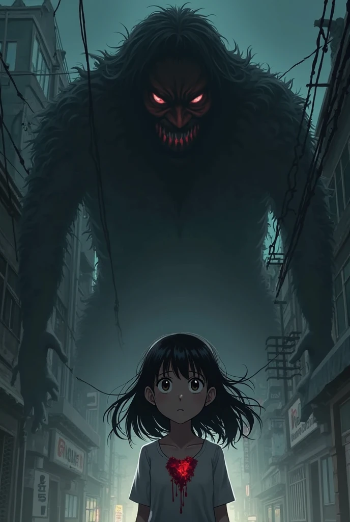 Anime girl with short black hair at the age of 18 wearing boy-like clothes stopped. On the sidewalk in the evening, there is a scary monster in front of her. She was preparing to fight it, and her friend, with yellow hair, the same age as her, was running away from the monster in fear. 