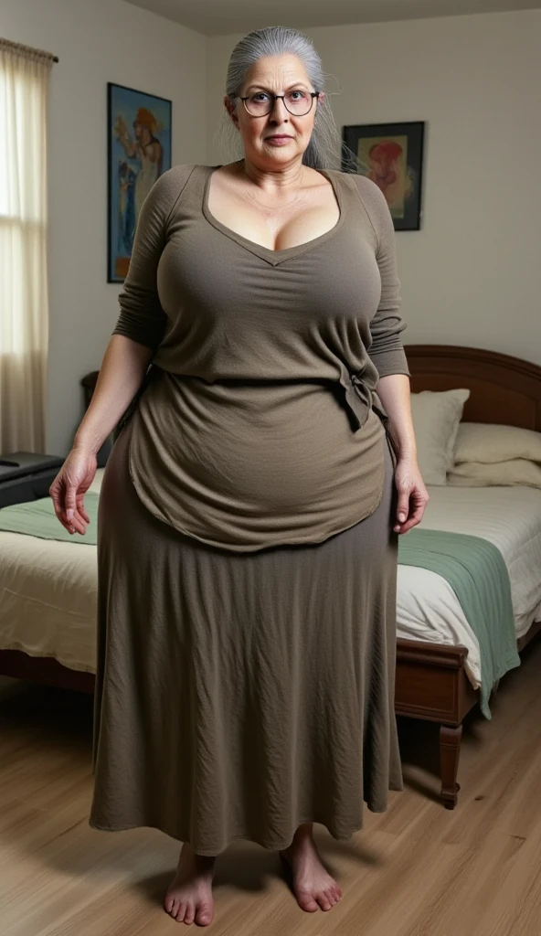 Older fatty women in hot dress in room full body