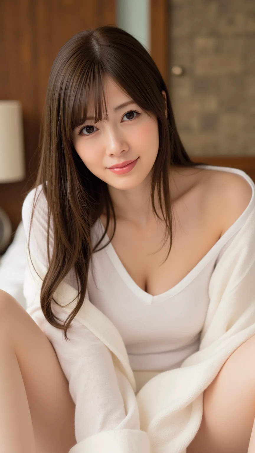 Tabletop, highest quality, figure, Super detailed, finely, High resolution, 8K Wallpaper, 完璧なダイナミックな構figure, Detailed and beautiful eyes, In pajamas,Medium Hair, Center of chest, Natural color lip, Random sexy poses,smile,Bedroom,Ridiculous,It's ridiculous