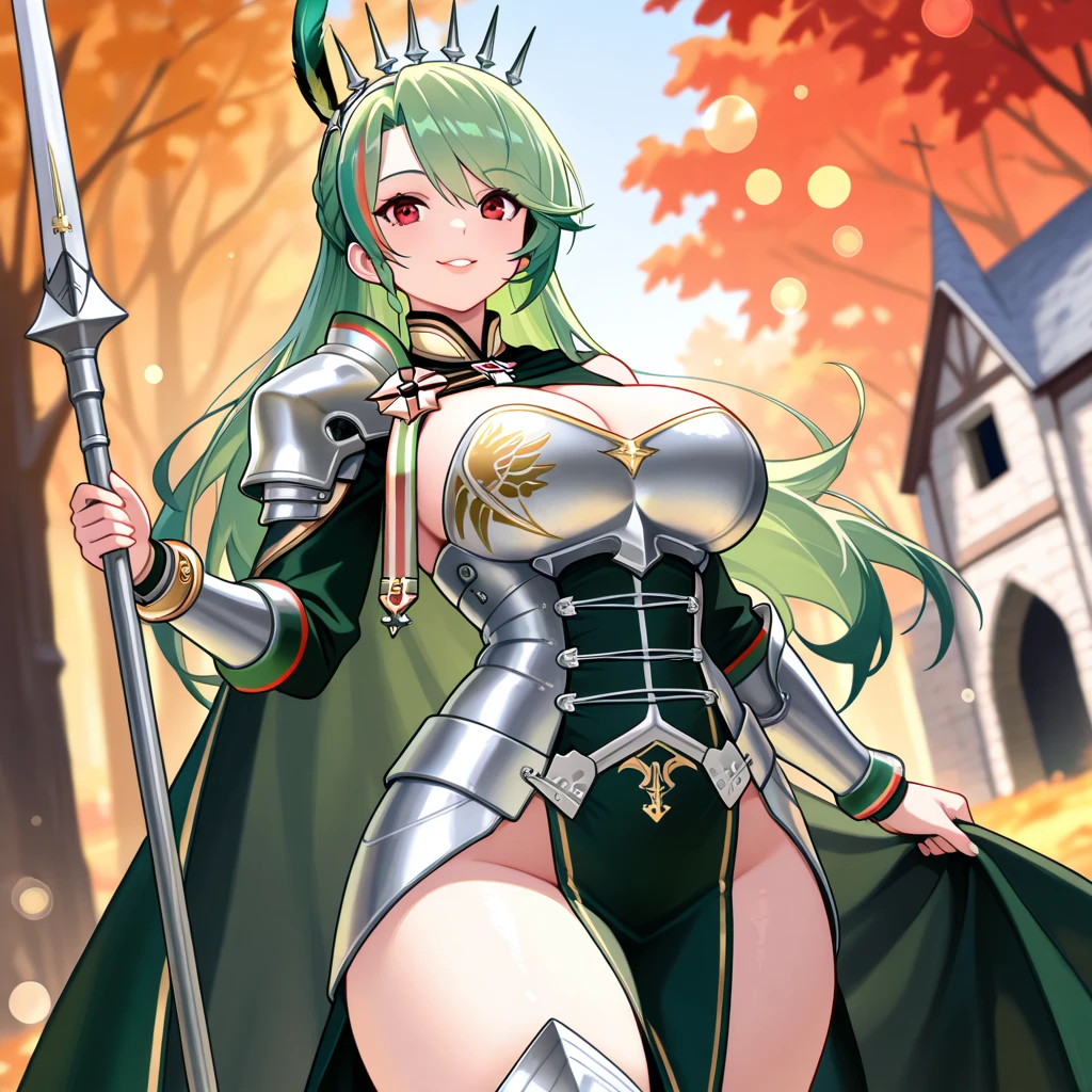 Copper bikini armor, copper crown, bare belly, big breasts, green hair, red eyes, bikini armor, copper