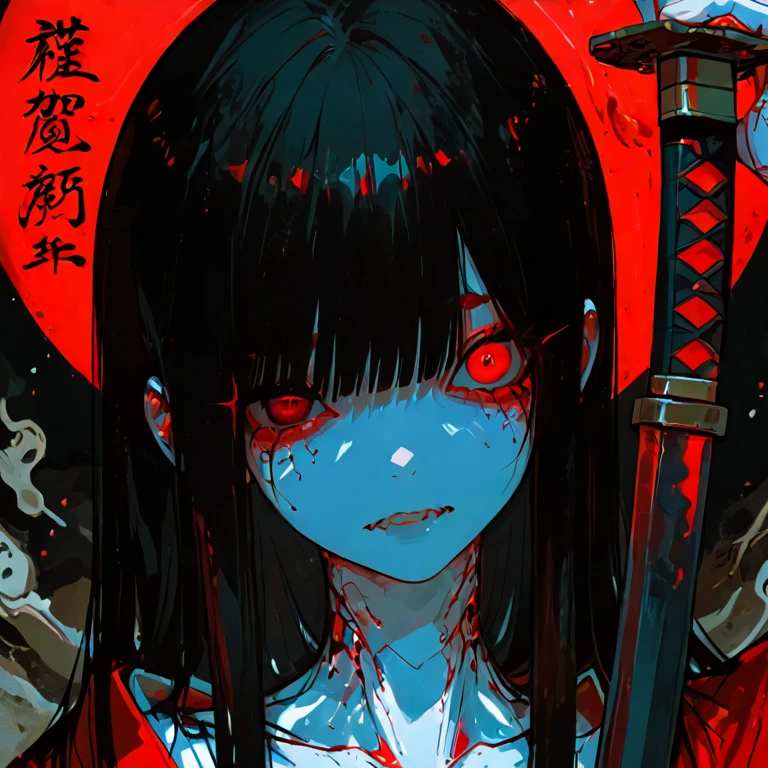 by Gris Grimly, by Jenny Saville, oil painting, vivid color, 18 years old asian girl wearing a kimono, speculum,hacksaw, knife, smoking vial, iron tongs, calliper, sundial, sword, mace