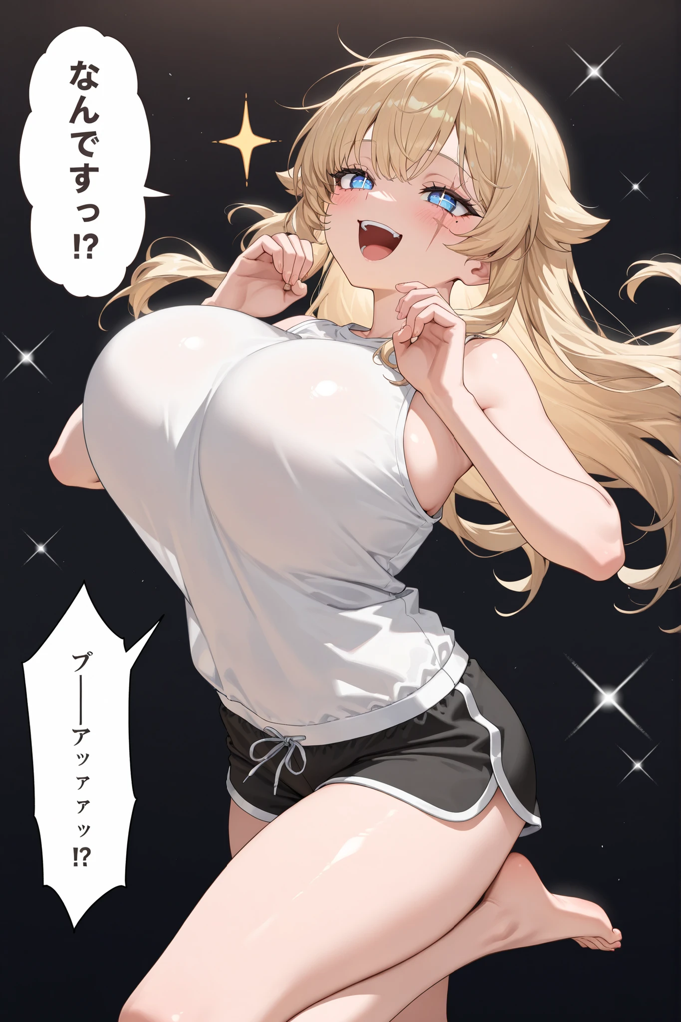 (Uhd, Masterpiece, Textured Skin, Super Detail, High Details, High Quality, Best Quality), Detailed Face, 1woman, mature pretty woman:1.5, ((Wide hips, thick thighs, massive huge breasts)), Blonde hair tied up, (White tank top shirt/demian shorts), (Huge Body)