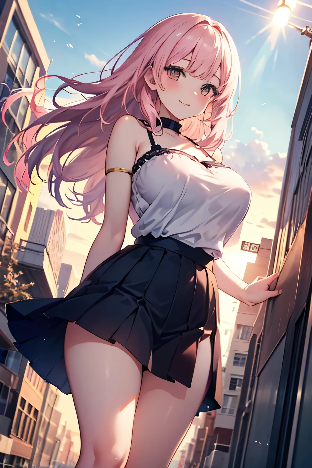 Back of a Girl, pink hair, extremely long hair, wearing a small tank top, wearing an extremely short skirt, large breasts