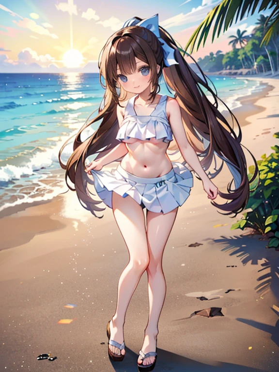 masterpiece, beautiful illustrations, highest quality, pretty girl, 1girl, standing, pastel colour, (two-separated bikini), sexy bikini, reddish brown long hair, headband, bright lighting, looking at viewer, on the shore