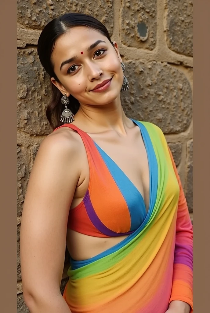 (best picture quality,4k,8k,high-definition,masterpiece:1.2),Ultra-detailed,(lifelike,lifelike,lifelike:1.37)。Indian festivals,deep cleavage, indian traditional dress, deep cleavage, paint festival,holi paint:1.37.beautiful Indian girl,Colorful paint on face,Holi festival, brown eyes,exquisite gold jewelry,happy,long wavy brown hairs, hapiness,Contagious smile,Colorful indian saree costumes,colored nails,Holi paint on body,Splashes of colorful paint at events,holi celebration background,Color spray painting,Energetic movement,Dynamic and powerful abstract art,rich colors,propylene,Vivid rainbow hues,hapiness lively atmosphere,bright orange,Pink,Whimsical and dreamy,Spontaneous splashing,bold color contrast。