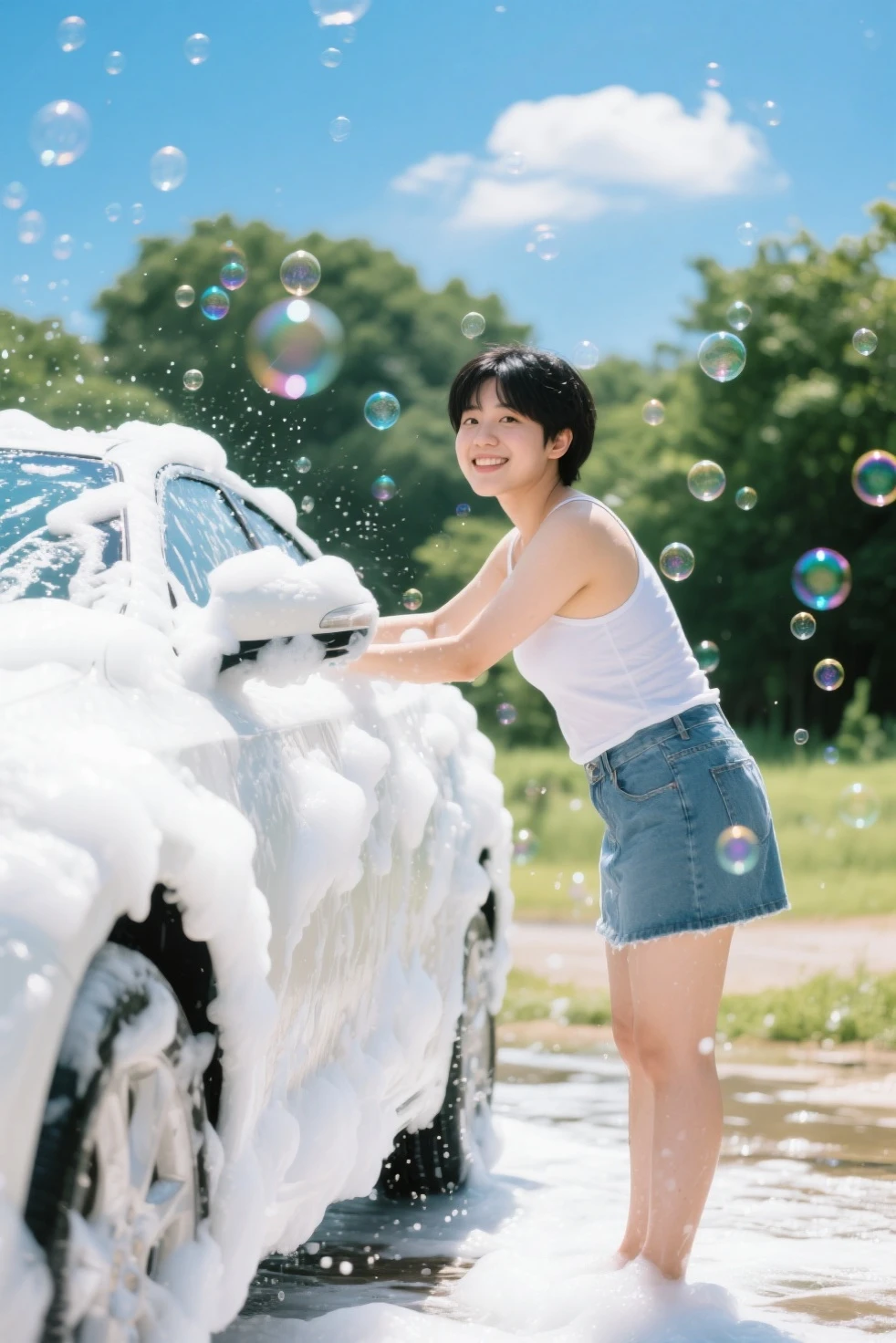An 18-year-old girl with a cute face like an idol..。Gentle and cute。Please smile kindly。She is in underwear She is washing her car and spraying it with a hose The whole body is soaked with water from a hose RAW Photos Genuine realism High resolution live-action
