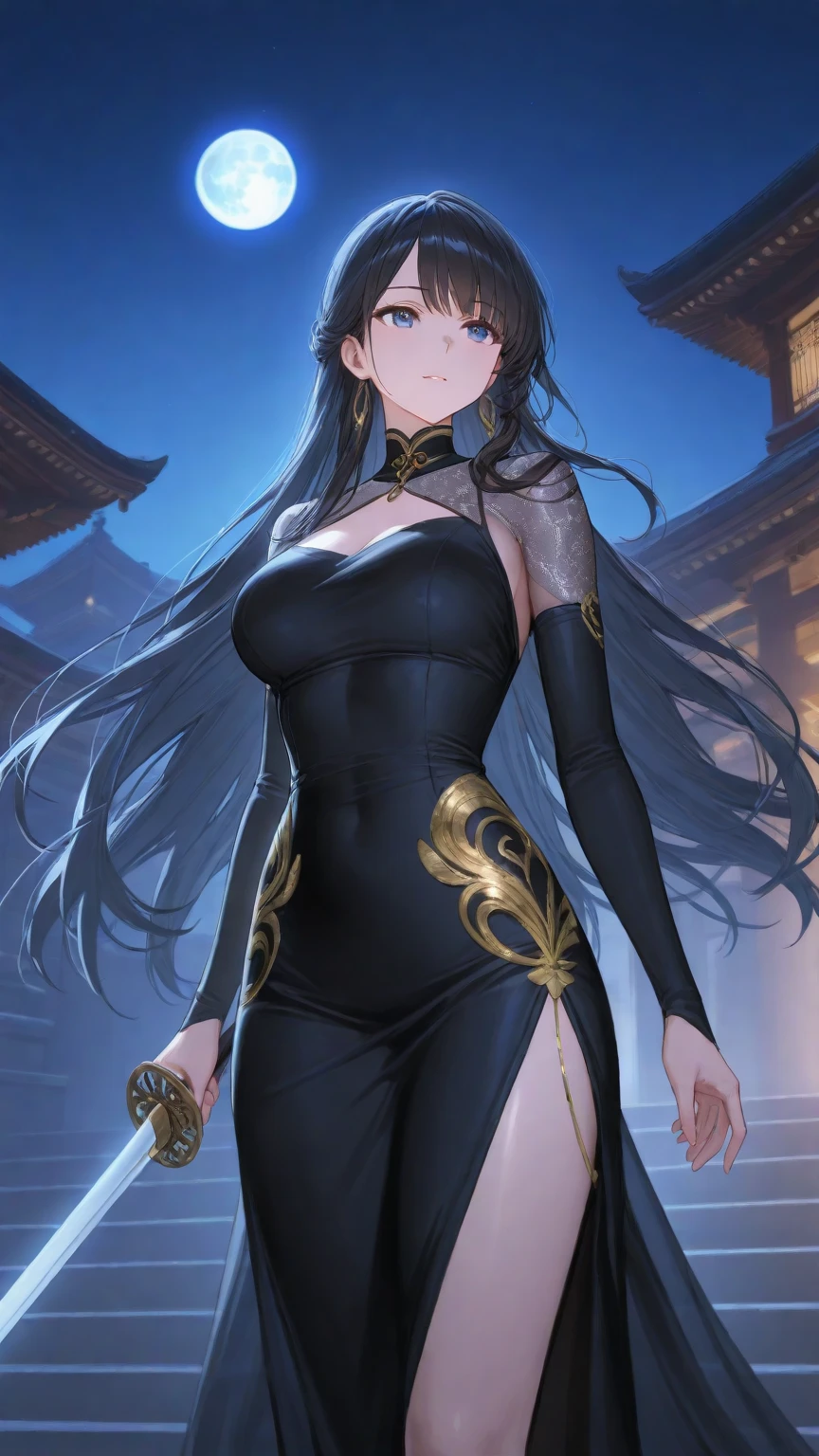 Masterpiece, best quality, official art, 8k wallpaper, very detailed, illustration, ((1 person)), detailed eyes, blue eyes, black hair, green gradient Hanfu, intricate filigree, flat chest, dynamic pose, floating hair, east asian architecture, landscape, red chinese city wall