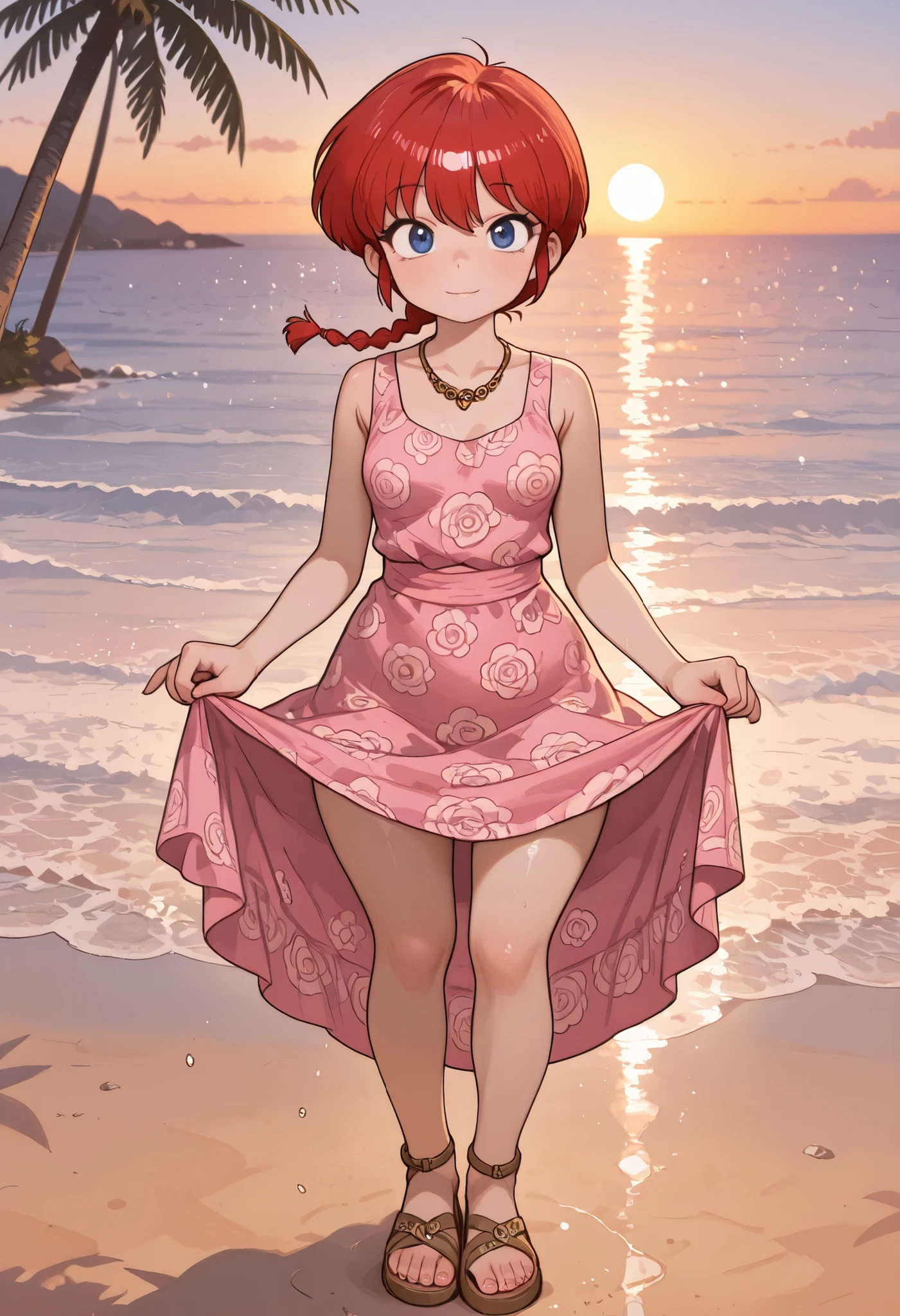 Ranma Saotome. red hair. blue eyes. braid. small breasts. wide hips. necklace. black eyeliner. pink manicure. | masterpiece, best quality, amazing quality, very aesthetic, perfect eyes, crestyle, 1girl, solo,looking_at_viewer , dress, bare_shoulders, standing, full_body, outdoors, sleeveless, water, tree, sleeveless_dress, ocean, beach, sandals, sunset, skirt_hold, sand, palm_tree, sun , standing on a tropical beach at sunset. She is wearing a sleeveless, paisley-patterned dress with a high-low hem, and sandals. The sky is a beautiful mix of, with the sun setting in the background. The woman has a calm, serene expression, and the ocean waves are gently lapping against the shore. The art style is realistic with a touch of fantasy.
