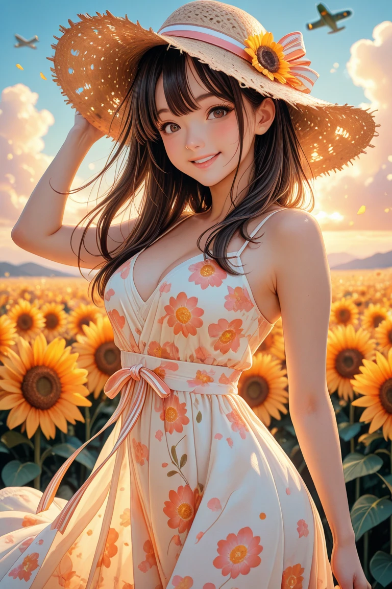 top-quality, ​masterpiece, (Realistic:1.2), sunflowers fields, The upper part of the body, Sunlight, solar flare，Very windy、A smile，Pure white dress with open chest，holding a large straw hat in your hand，Fluttering hair，length hair，