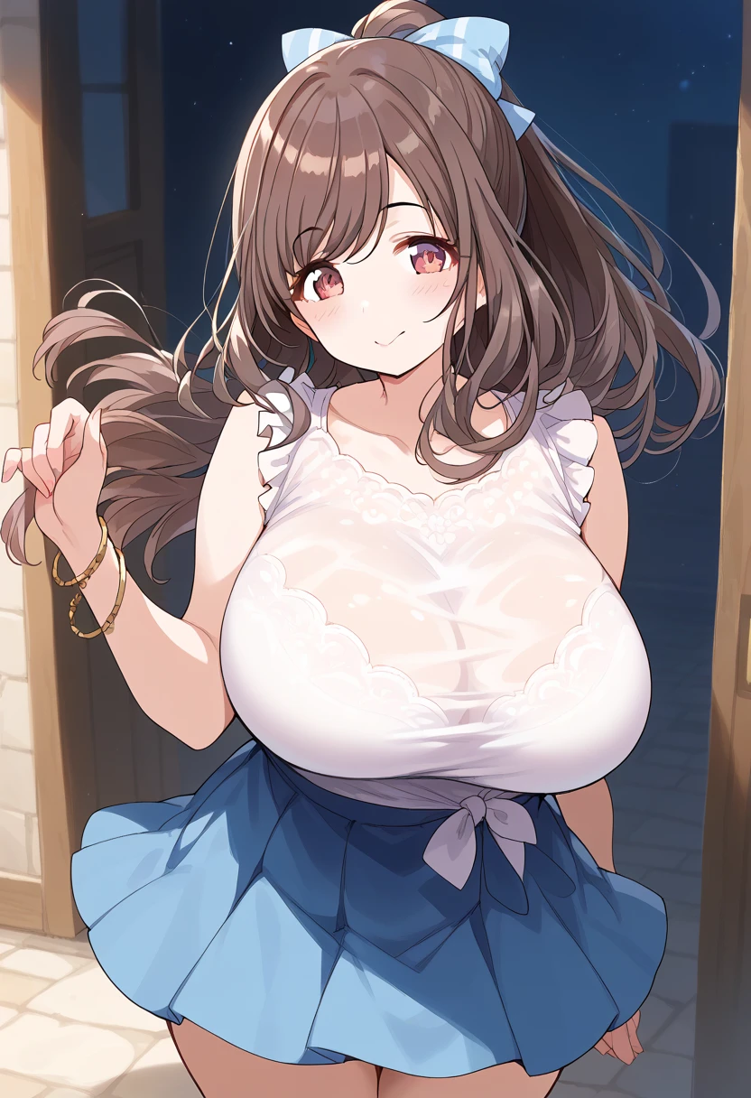 A woman in a sweater and skirt stands in front of a store, 1girl, Don Mitz, portrait of sofia vergara, Promotional Art, chubby attractive brown hair woman, Retropunk, The main character in the foreground, Inspired by Louis Paul, mechanic, anime visual of a young woman, Compute Shaders, Inspired by Donato Giancola, youtube thumbnail, Chrome Art ,thighs thighs thighs thighs, chubby, Big buttocks, Huge breasts, gigantic, overweight, milfy face, mommy, shy expression, looking down at viewer, embarrassed, upskirt, pink striped panties,