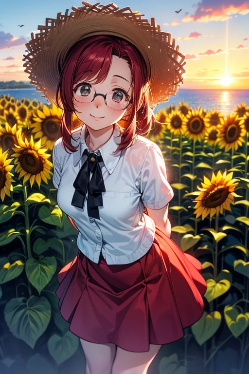 front、(from above)、one woman、(8k)、(masterpiece:1.4)、(high res)、(最high res)、(Ultra High Definition)、(beautiful face and eyes holding garbage bags、down to the details)、Smile Yan、(anatomically accurate hand)、break、Red hair、long ponytail、glasses、(beautiful hands:1.4)、Five fingers、(Admission)、break、(((Whiteｔshirt)))、(((Red skirt fluffy)))、(((lots of sunflowers are blooming)))、((( on a high hill )))、((I can see the ocean in the distance))、((Straw Hat))、(( seagulls))、(sunset)、(arms behind back)、((lean forward))